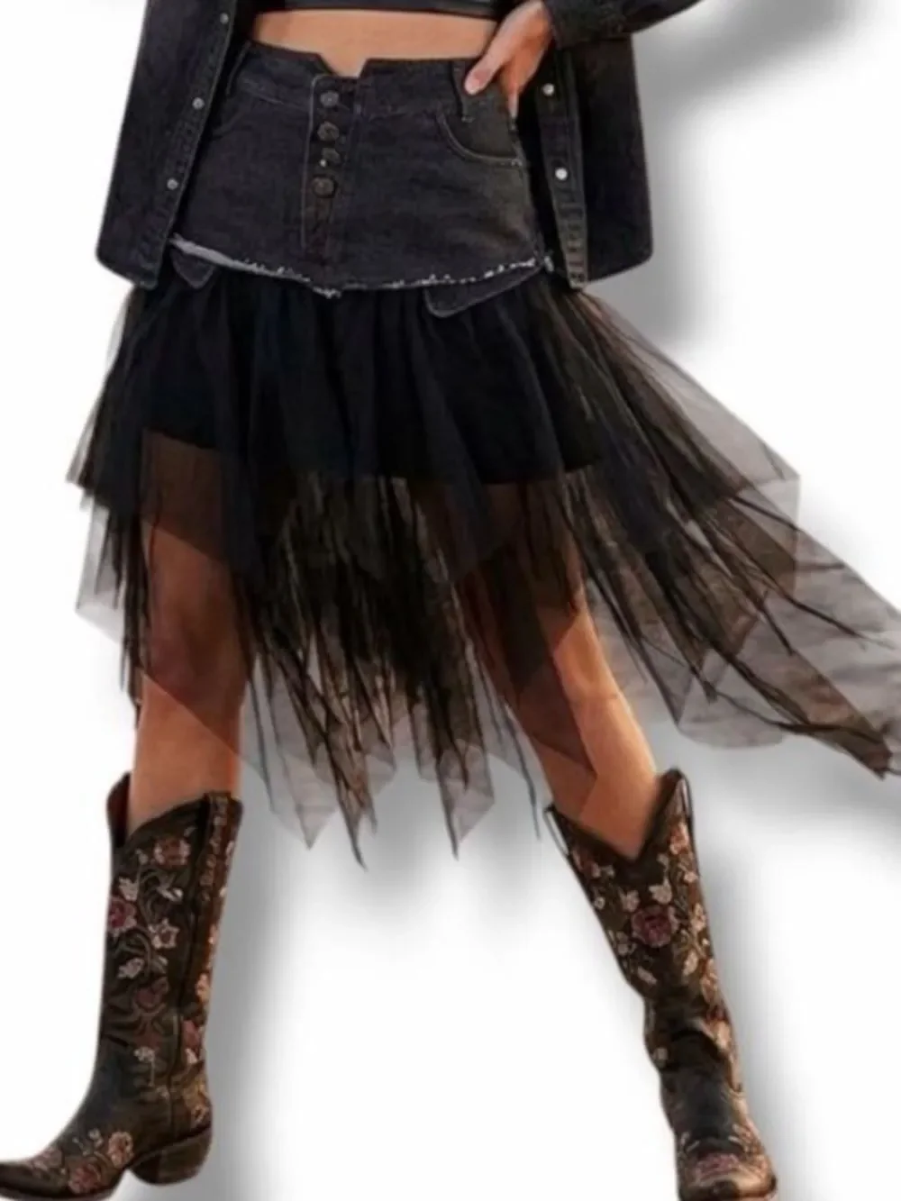 Black Denim Tulle Asymmetric Midi Skirt Lg. NWT
